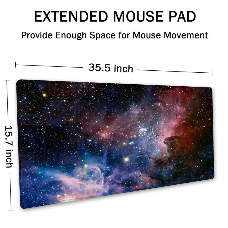 SSOIU Desk Mat,Large Mouse Pad 35.5" x 15.7" XXL Extended Gaming Mouse Pad Mat with Non-Slip Base Stitched Edge Mousepad for Computer,Office,Keyboard and Laptop - Galaxy Nebula Starry Cosmic - Image 2