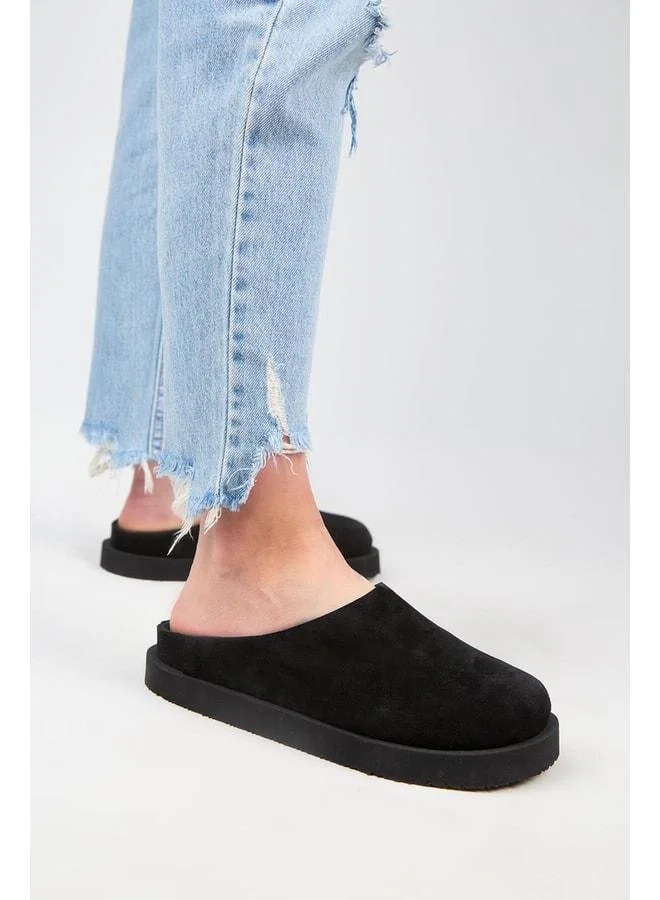 (Jana) Women's Genuine Leather Flat Platform Black Slipper