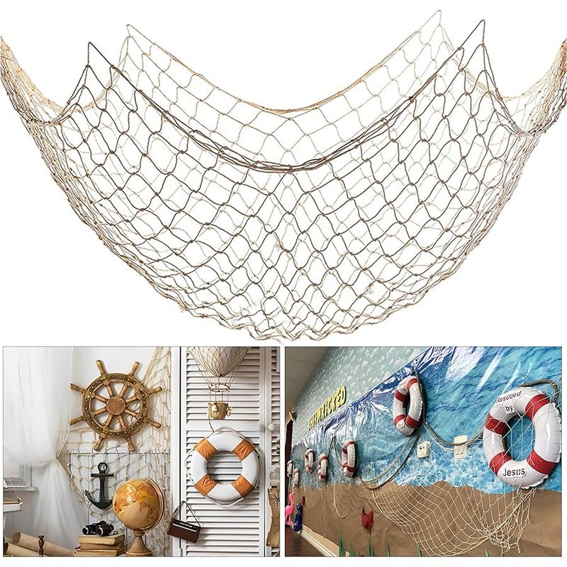 BWEALT 1 Pack Fish Net Decorations for Party, 2mm Natural Cotton Hawaiian Party Fish Net Decorative, Nautical Themed Cotton Fishnet Room Under The Sea Ocean Beach Party Decor - Image 1