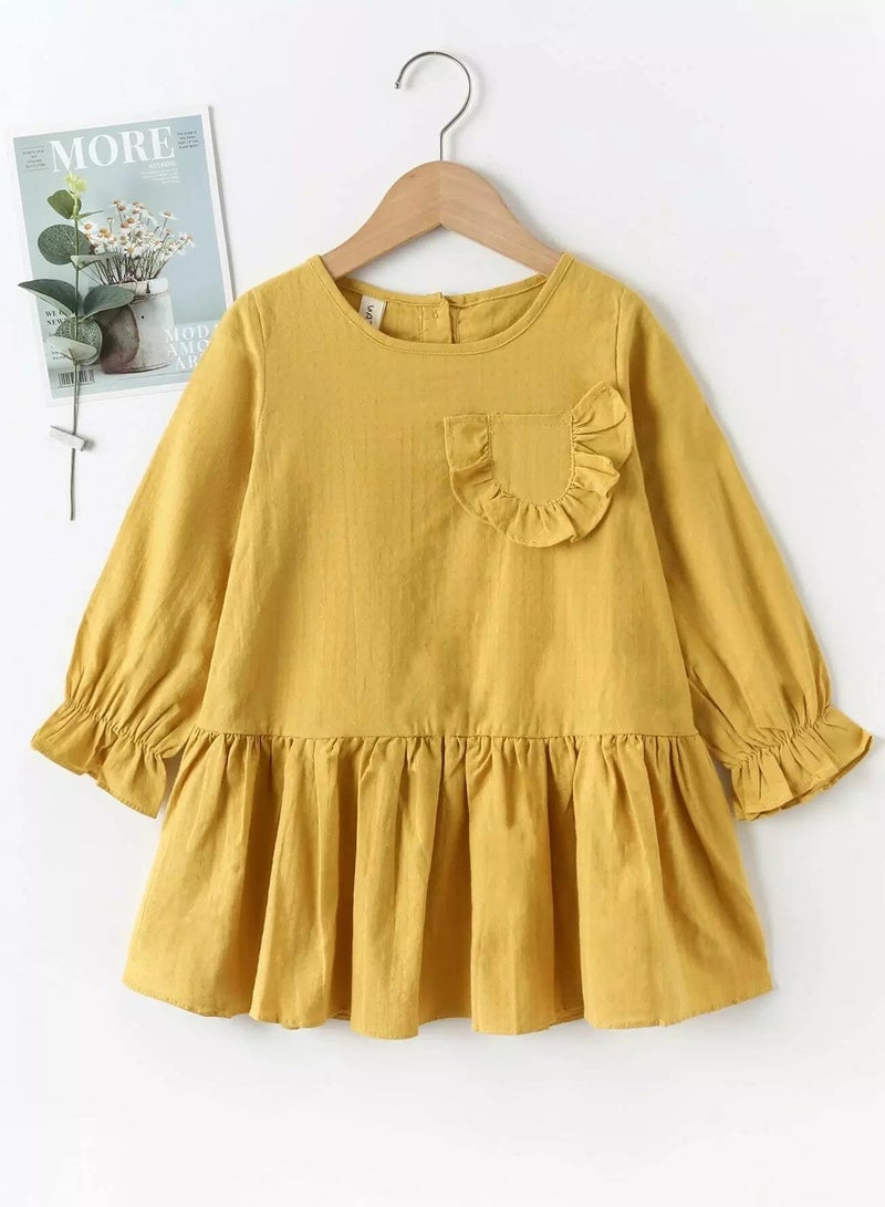 Toddler Girls Pocket Patched Ruffle Trim Flounce Sleeve Smock Dress  - Image 1