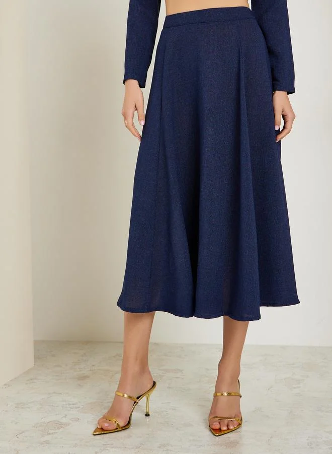 Styli Navy Blue Tweed A-Line Midi Skirt