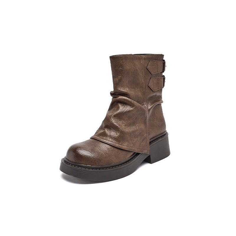 Short Boots For Women 2025 Spring & Fall Thick-Soled Brown Trouser Boots Knight Mid-Calf Short Boots For Women - Image 1