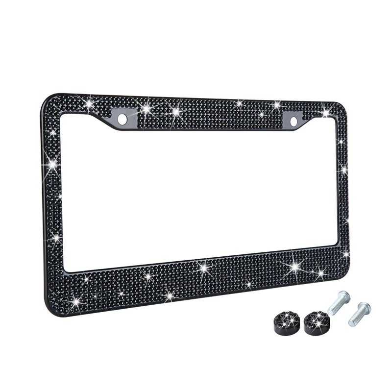 TZARROT Black Rhinestone Bling License Plate Frame, Metal Rust-Proof License Plate Cover Bling Car Accessories for Women Man - Image 1