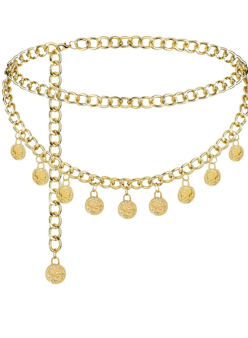 KASTWAVE Ladies Waist Chain, Vintage Coin Tassel Pendant Body Chain Double Punk Style Queen Embossed Charm Belt Adjustable Approx 94.5 Cm Long (Gold)  - Image 1