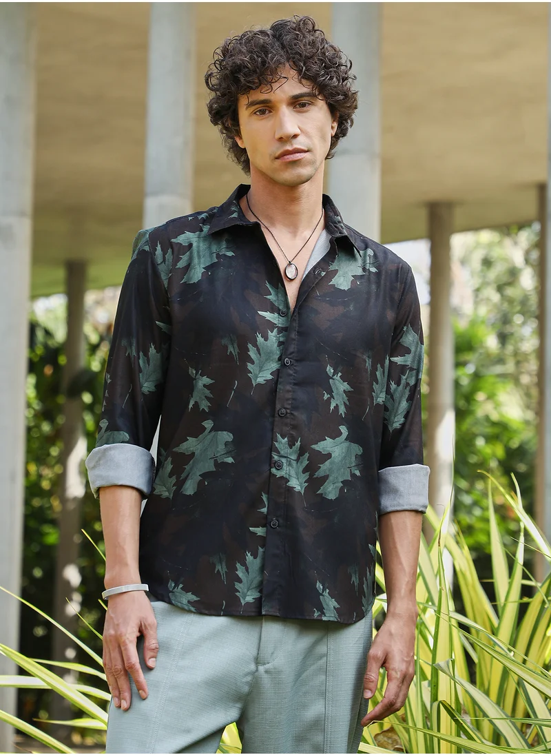 كامبوس سوترا Men's Coffee Brown & Forest Green Fall Foliage Shirt