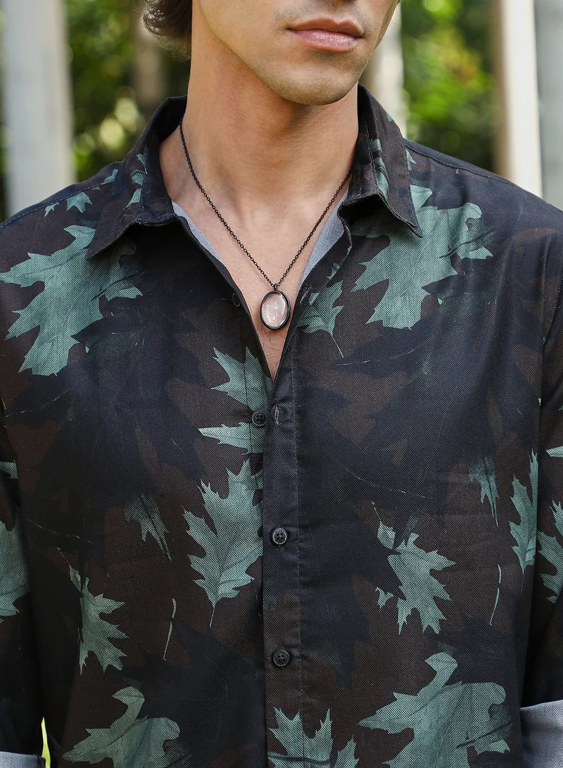 Campus Sutra Men's Coffee Brown & Forest Green Fall Foliage Shirt