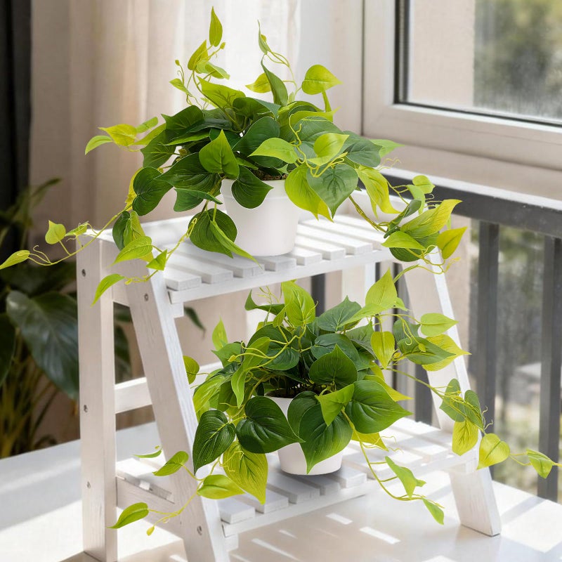 alyptus Fake Pothos Hanging Plants â€“ Set of 2 Faux Ivy Vines Realistic Silk Devilâ€™s Ivy for Indoor DÃ©cor, Low Maintenance Artificial Greenery for Home Bathroom or Office - Green with White Pots - Image 1