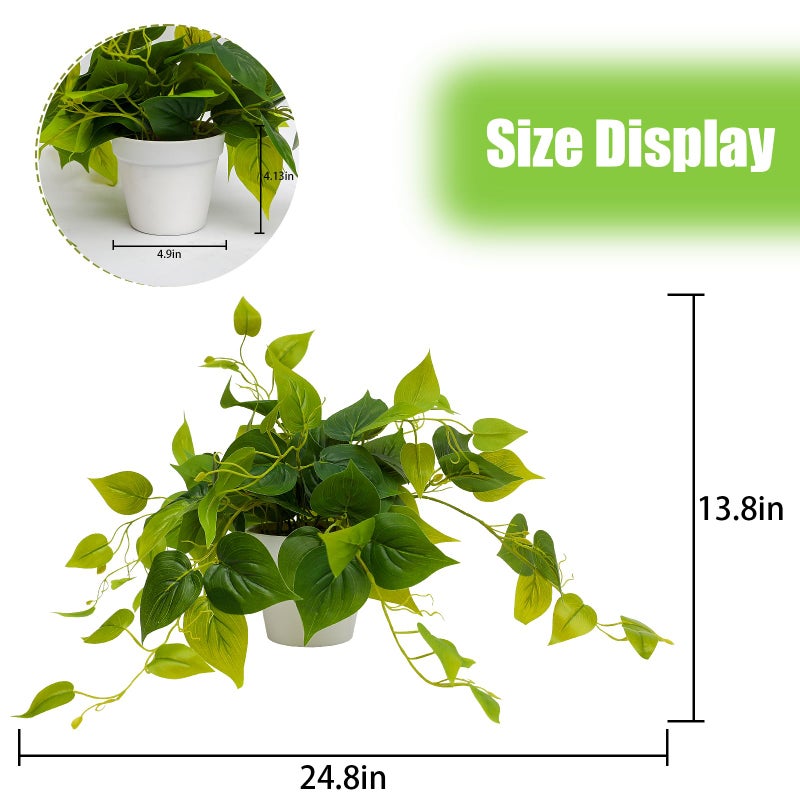 alyptus Fake Pothos Hanging Plants â€“ Set of 2 Faux Ivy Vines Realistic Silk Devilâ€™s Ivy for Indoor DÃ©cor, Low Maintenance Artificial Greenery for Home Bathroom or Office - Green with White Pots - Image 2