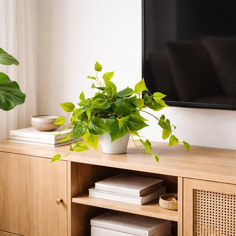 alyptus Fake Pothos Hanging Plants â€“ Set of 2 Faux Ivy Vines Realistic Silk Devilâ€™s Ivy for Indoor DÃ©cor, Low Maintenance Artificial Greenery for Home Bathroom or Office - Green with White Pots - Image 5