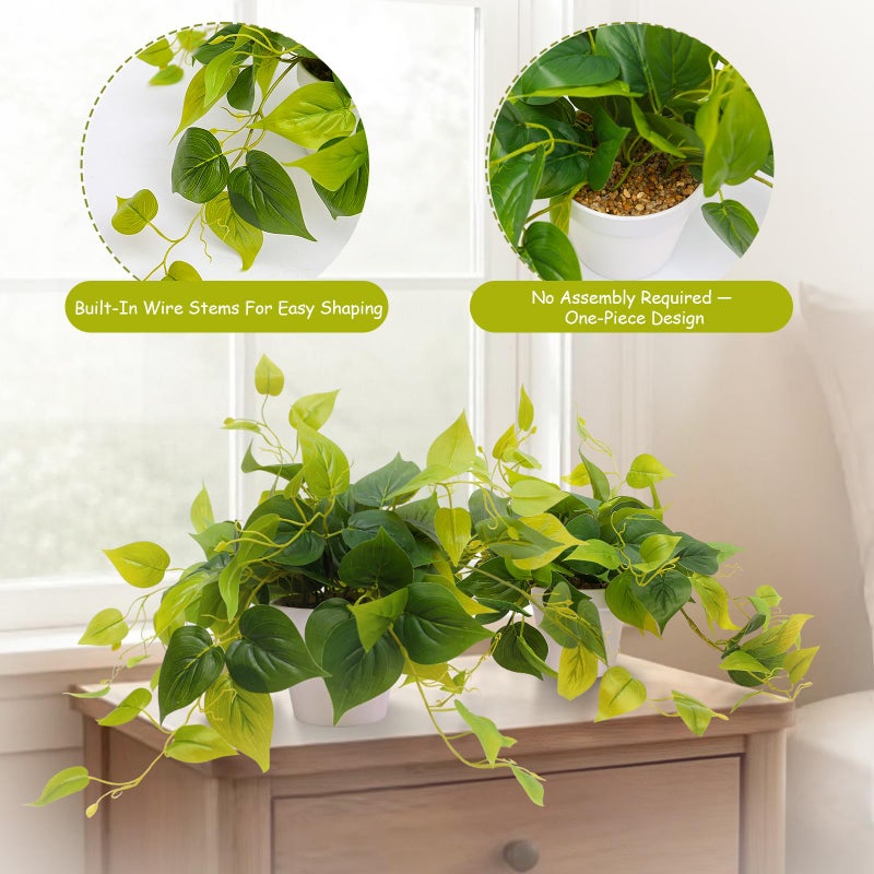 alyptus Fake Pothos Hanging Plants â€“ Set of 2 Faux Ivy Vines Realistic Silk Devilâ€™s Ivy for Indoor DÃ©cor, Low Maintenance Artificial Greenery for Home Bathroom or Office - Green with White Pots - Image 3