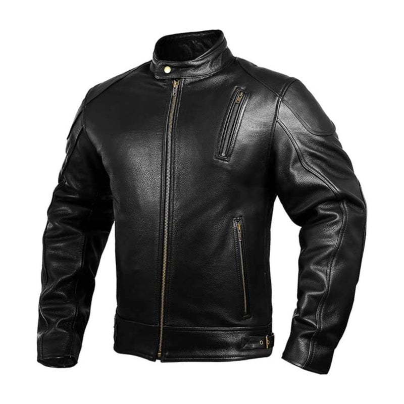 HWK Leather Motorcycle Jacket with Armor for Men, Cafe Racer Genuine Leather Jacket for Weather Resistant Enduro Motocross, Motorbike Riding, Easy Adjust Men's Motorcycle Jacket, X-Large