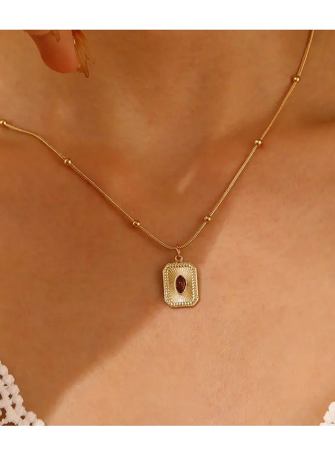Home Clearance Sale 1pc Vintage Brown Synthetic Gemstone Pendant Necklace, Luxury Classic Style Sweater Chain Accessory for Women - Image 1