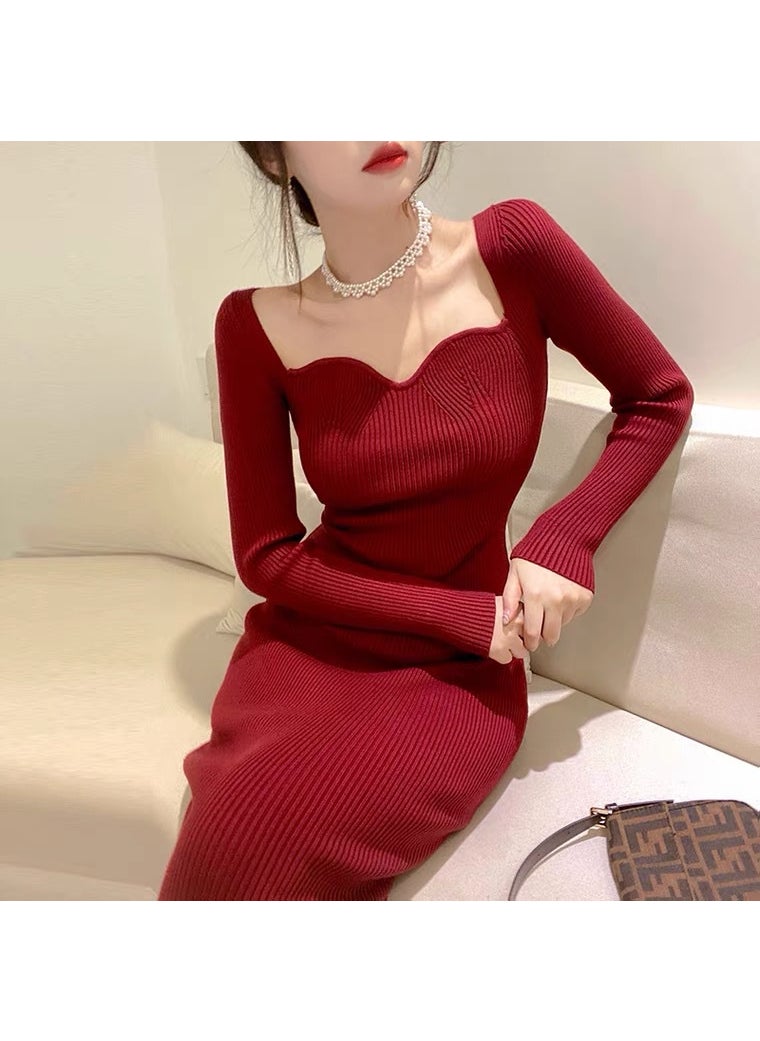 Generic 2023 Autumn/Winter New Arrival Womens Knit Dress V-Neck Long Sleeve Medium-Length Slimming Base Layer Fashion Outfit Red (normal version) 