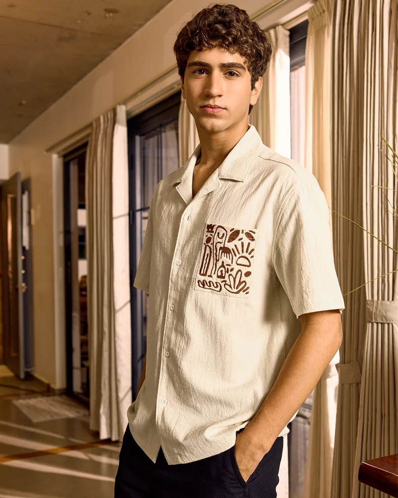 بيواكوف Men's Beige Embroidered Oversized Shirt