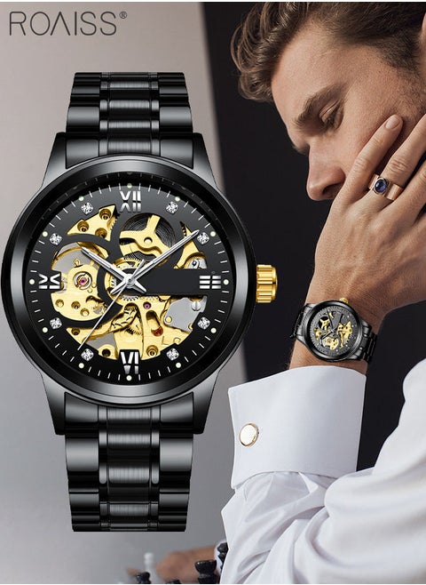 Men's Stainless Steel Strap Mechanical Watch Analog Display Round Black Dial with Hollow Pattern Decoration Waterproof Luminous Wristwatch as Gift for Men