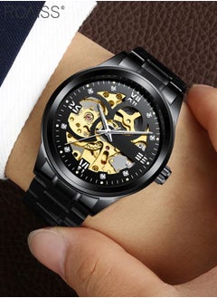 roaiss Men's Stainless Steel Strap Mechanical Watch Analog Display Round Black Dial with Hollow Pattern Decoration Waterproof Luminous Wristwatch as Gift for Men  - Image 2