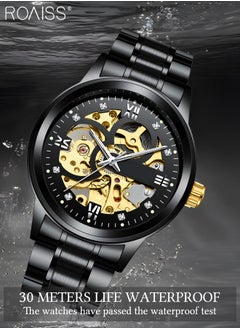 roaiss Men's Stainless Steel Strap Mechanical Watch Analog Display Round Black Dial with Hollow Pattern Decoration Waterproof Luminous Wristwatch as Gift for Men  - Image 4