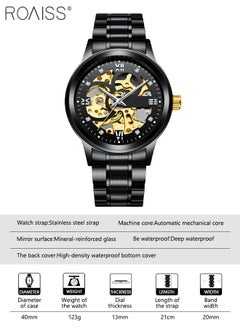 roaiss Men's Stainless Steel Strap Mechanical Watch Analog Display Round Black Dial with Hollow Pattern Decoration Waterproof Luminous Wristwatch as Gift for Men  - Image 3
