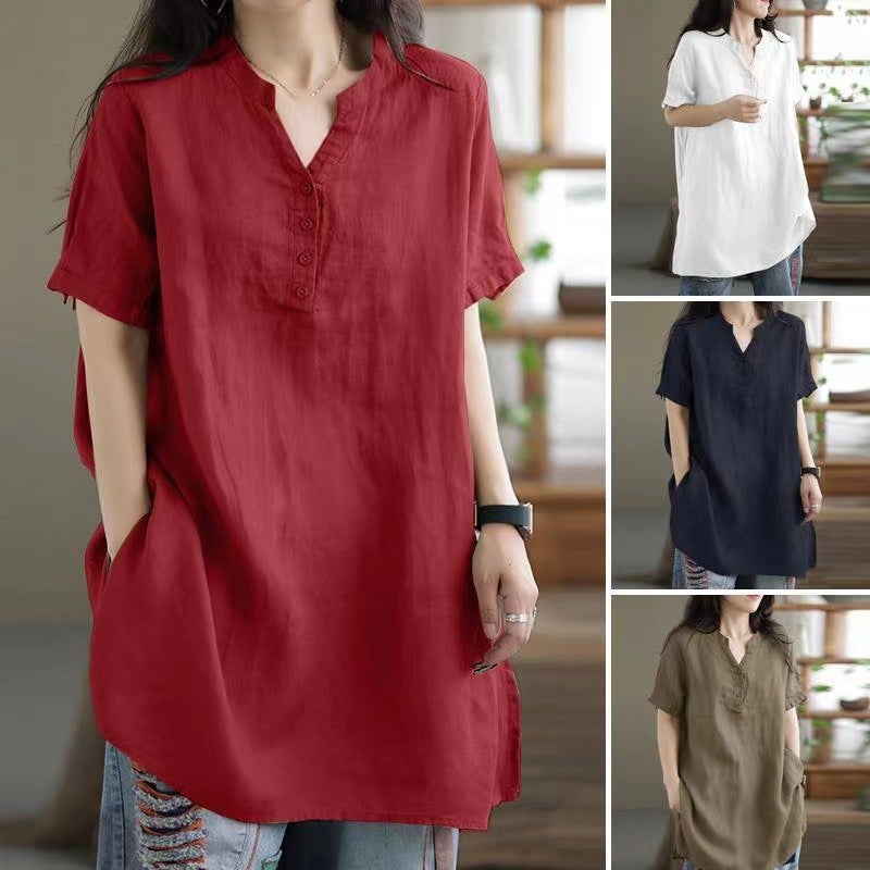 In the spring and summer of 2023, the new womens clothing independent station wish cross-border Europe and the United States long top solid color twist button womens clothing Red - Image 2