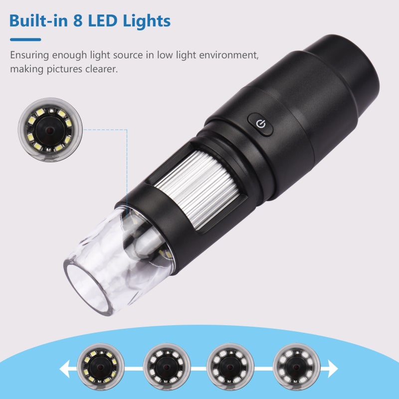 Wifi Digital Microscope 1000X Black: High Clarity Brightness With 8 Adjustable LED Beads - Wireless WiFi APP Control For Students Electronic Engineers Industrial Testing Plant Observation - Image 2