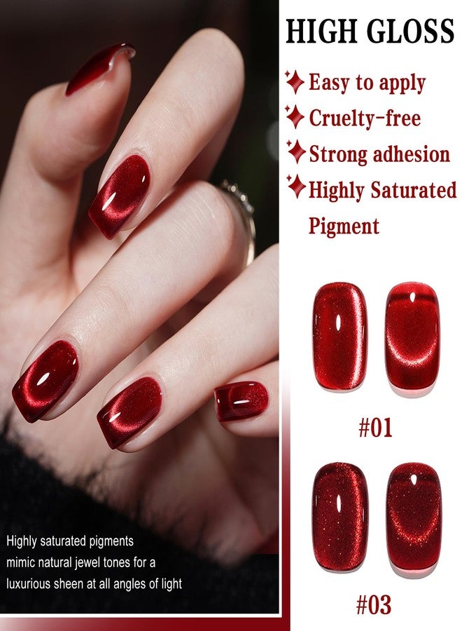 QIUFSSE 2PCS Red Cat Eye Gel Polish,Burgundy Magnetic Gel Nail Polish,Holographic UV Nail Polish for Manicure Salon DIY at Home,Shimmer Esmalte Ojo de Gato Para Uñas Gel - Image 3
