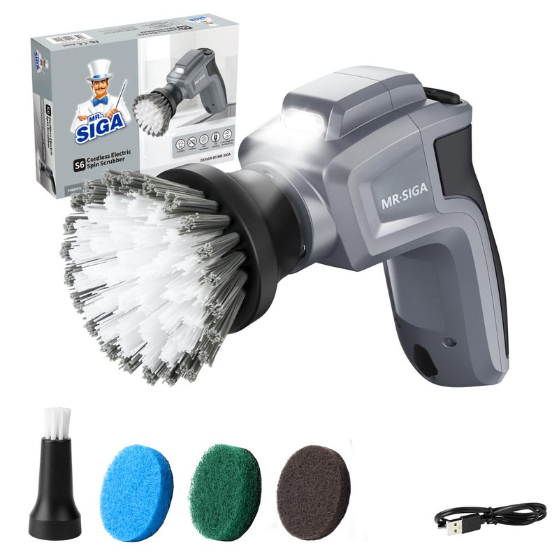 MRSIGA Electric Spin Scrubber for Kitchen and Bathroom Cleaning Waterproof Rechargeable Cordless Spin Scrubber with 5 Replaceable Cleaning Brushes and Pads