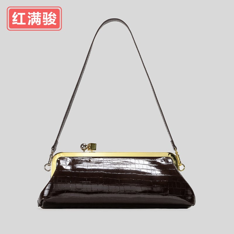 Women's PU Leather Clutch Baguette Bag with Metal Clasp, Stone & Patent Textures for Evening Parties - Image 1