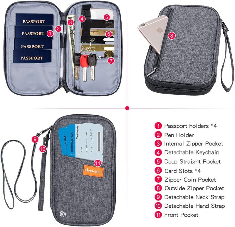 homchen RFID Passport Wallet with Vaccine Card Slot, Family Travel Passport Holder Document Organizer Bag with Wrist & Neck Double Strap - Image 3