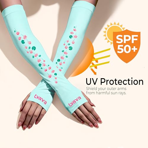 TVARRA Anti-Tan Fingerless Arm Sleeves for Women|UV Protection Hand Cover Sleeves for Bike Riding, Running & Outdoor Use,Dust & Summer Protection Arm Sleeves (1, Mint Green) - Image 2