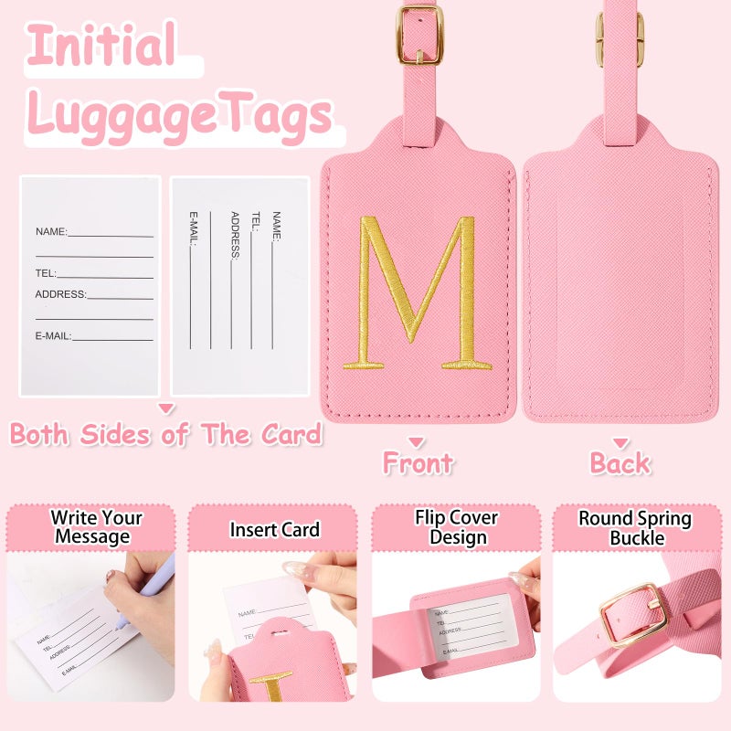 Iqimott Personalized Initial Luggage Tags for Suitcases, Cute PU Leather Embroidered Letter Travel Luggage Tags, Suitcase Identifier Name Baggage Tag, Bag Tags for Men Women Kids Luggage Handbags(Pink M) - Image 3