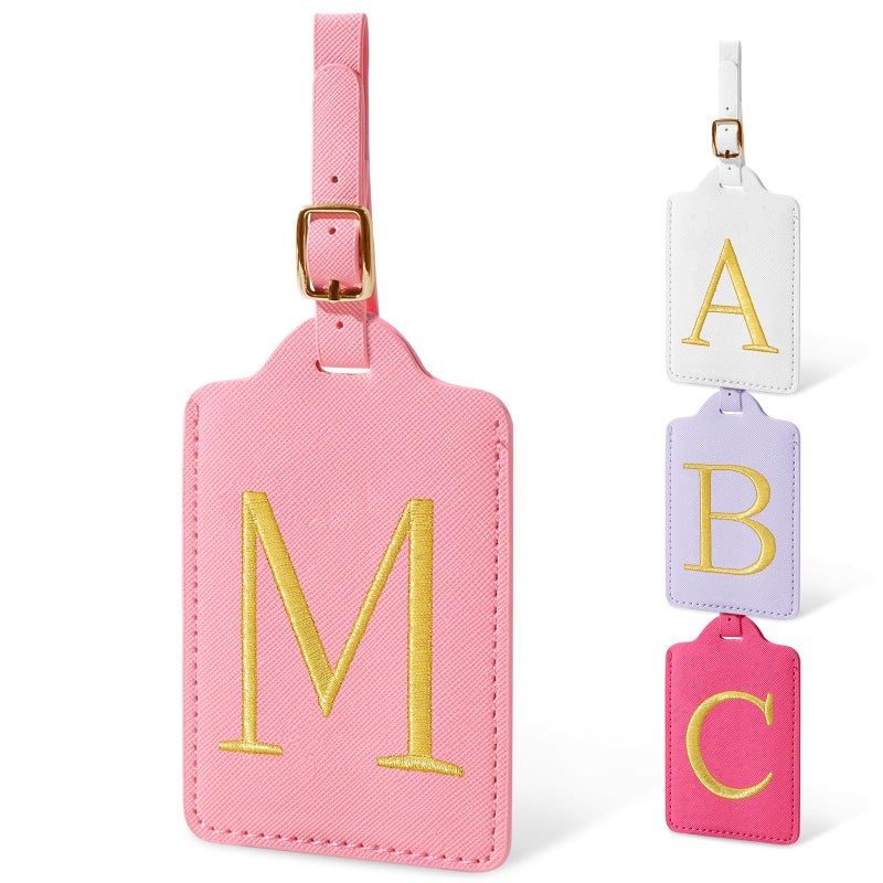 Iqimott Personalized Initial Luggage Tags for Suitcases, Cute PU Leather Embroidered Letter Travel Luggage Tags, Suitcase Identifier Name Baggage Tag, Bag Tags for Men Women Kids Luggage Handbags(Pink M) - Image 1