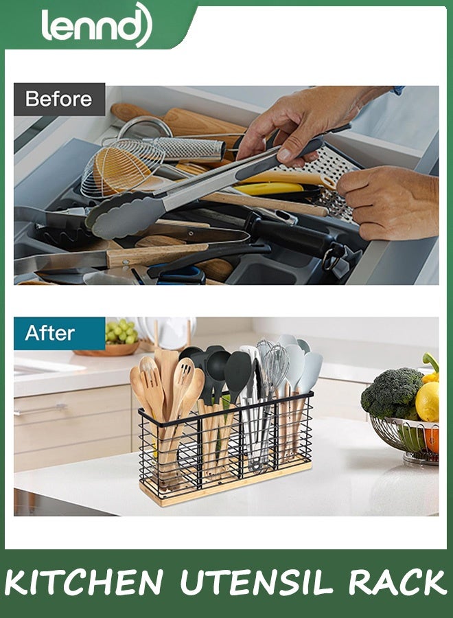 LENND Extra Large Kitchen Utensil Holder with 4 Compartments，Matte Black Metal holder with Wooden Base for Kitchen Countertop，Farmhouse Cooking Utensil Storage, Rustic Cooking Utensil - Image 3