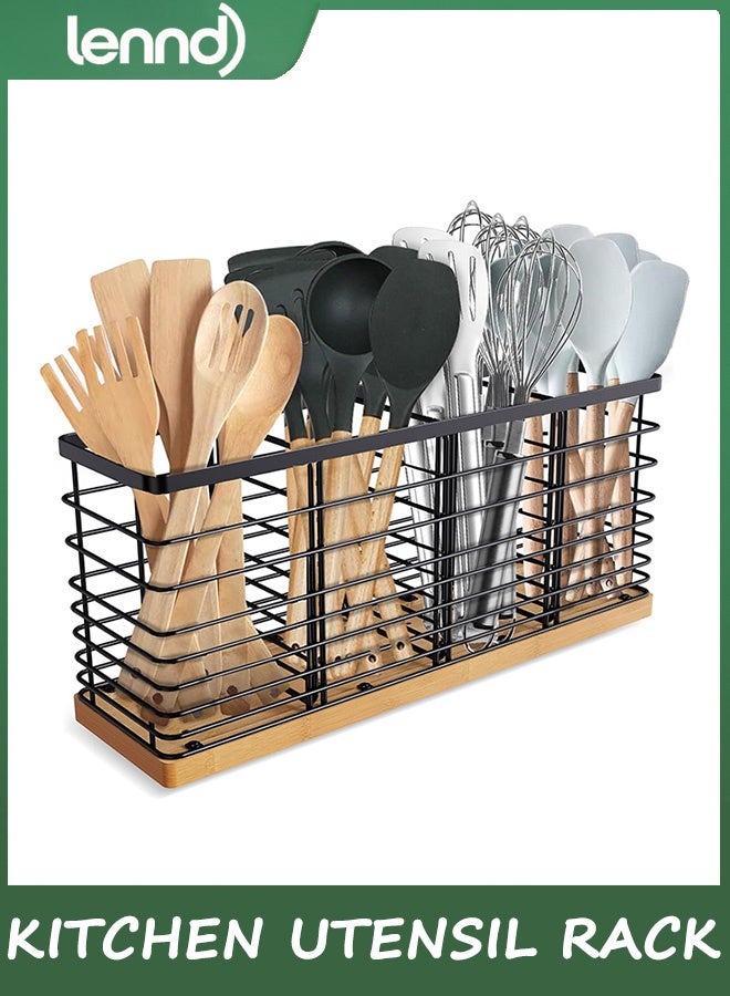 LENND Extra Large Kitchen Utensil Holder with 4 Compartments，Matte Black Metal holder with Wooden Base for Kitchen Countertop，Farmhouse Cooking Utensil Storage, Rustic Cooking Utensil - Image 1