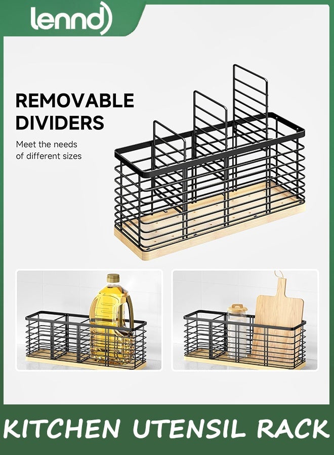 LENND Extra Large Kitchen Utensil Holder with 4 Compartments，Matte Black Metal holder with Wooden Base for Kitchen Countertop，Farmhouse Cooking Utensil Storage, Rustic Cooking Utensil - Image 4