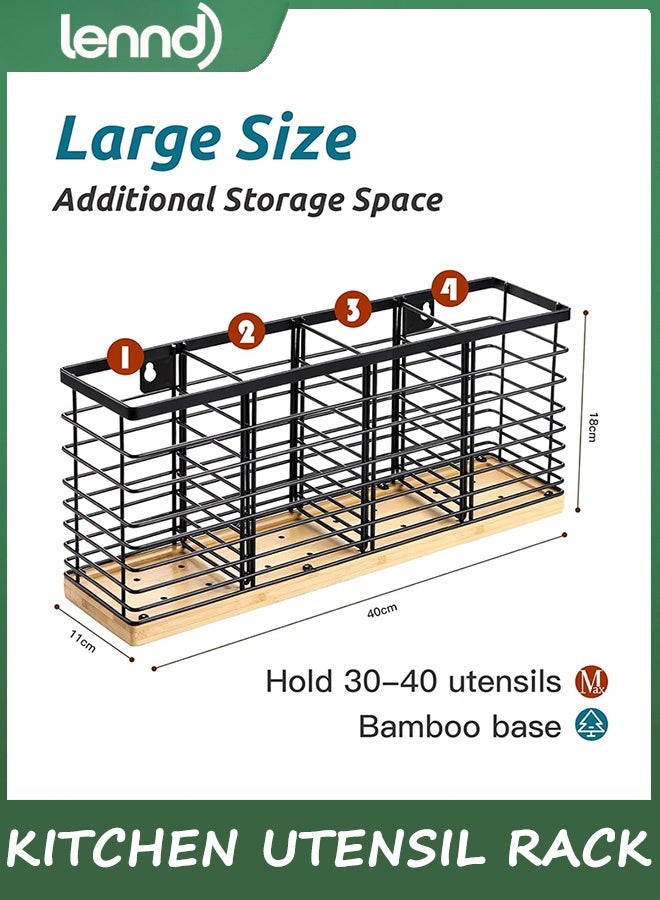 LENND Extra Large Kitchen Utensil Holder with 4 Compartments，Matte Black Metal holder with Wooden Base for Kitchen Countertop，Farmhouse Cooking Utensil Storage, Rustic Cooking Utensil - Image 2