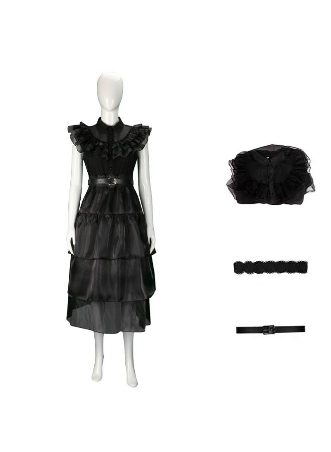 NIBEMINENT The Adams family's cosplay costume, chiffon dress, Wednesday black retro role-playing black chiffon - Image 1