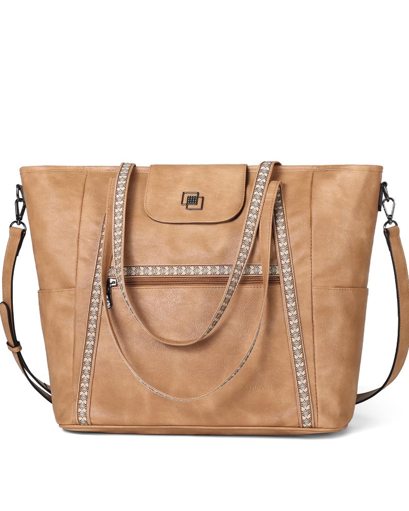 FADEON Large Laptop Tote Bag for Women Designer Leather Laptop Bag Fashion Travel Backpack Purse Shoulder Handbag Brown - Image 1