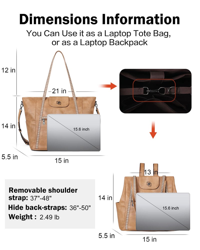 FADEON Large Laptop Tote Bag for Women Designer Leather Laptop Bag Fashion Travel Backpack Purse Shoulder Handbag Brown - Image 4