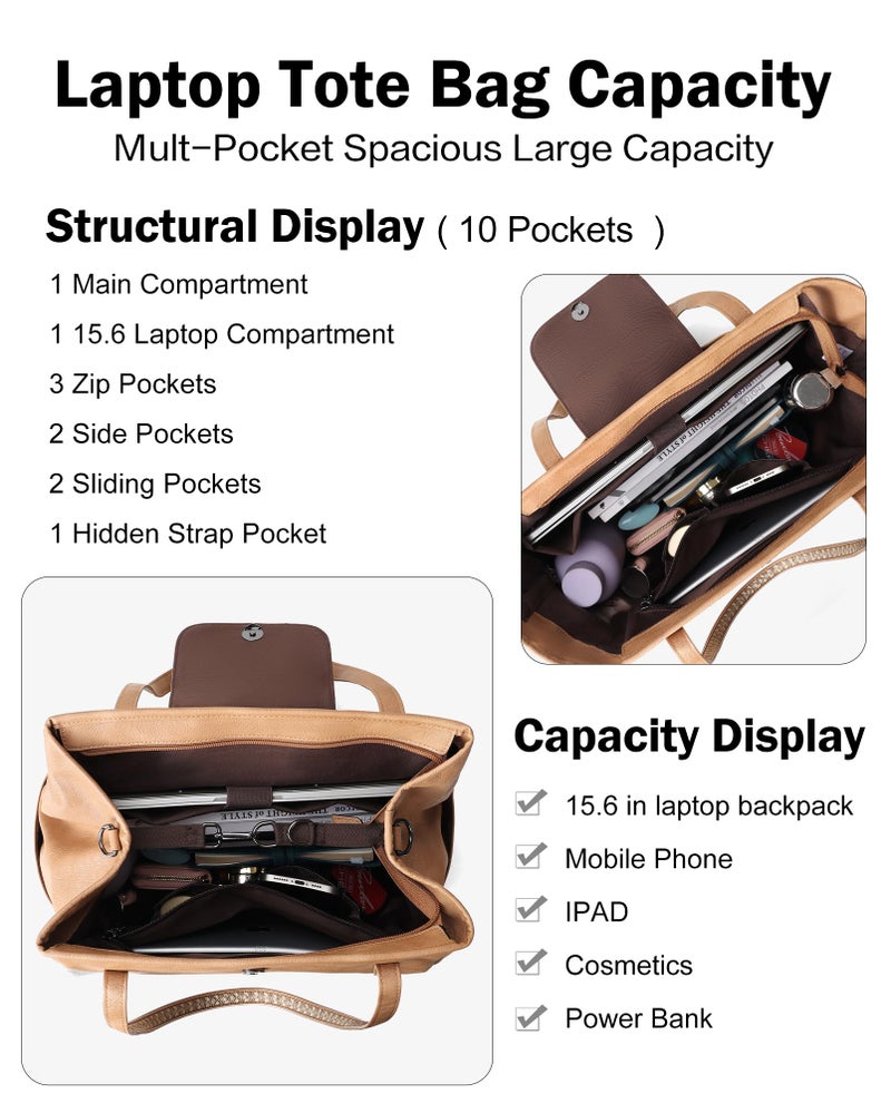 FADEON Large Laptop Tote Bag for Women Designer Leather Laptop Bag Fashion Travel Backpack Purse Shoulder Handbag Brown - Image 3