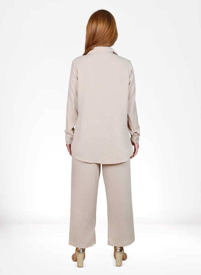 Veronica Elegant Comfortable 2-Piece Full Sleeves Co-ord Set -Beige  - Image 2