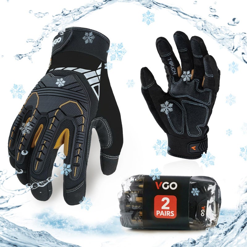 Vgo... Vgo 2Pairs Winter Mechanic Work Gloves, 0°C/32°F Coldproof Waterproof Impact Gloves, Heavy-Duty, Anti-Vibration (Size L, Black, SL8849FW) - Image 1