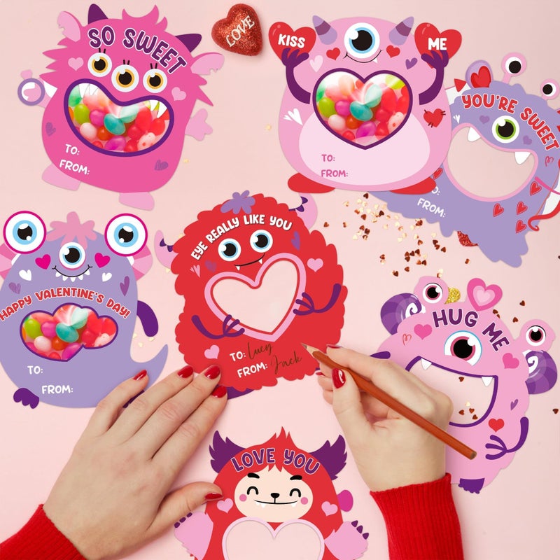 TICIAGA 50 Set Happy Valentines Day Monster Shape Candy Holder Greeting Cards, Funny Monster DIY Exchange Gifts for School Classroom Prize Goodies Bag Filler Home Project Party Supplies - Image 4
