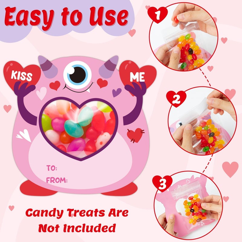 TICIAGA 50 Set Happy Valentines Day Monster Shape Candy Holder Greeting Cards, Funny Monster DIY Exchange Gifts for School Classroom Prize Goodies Bag Filler Home Project Party Supplies - Image 3