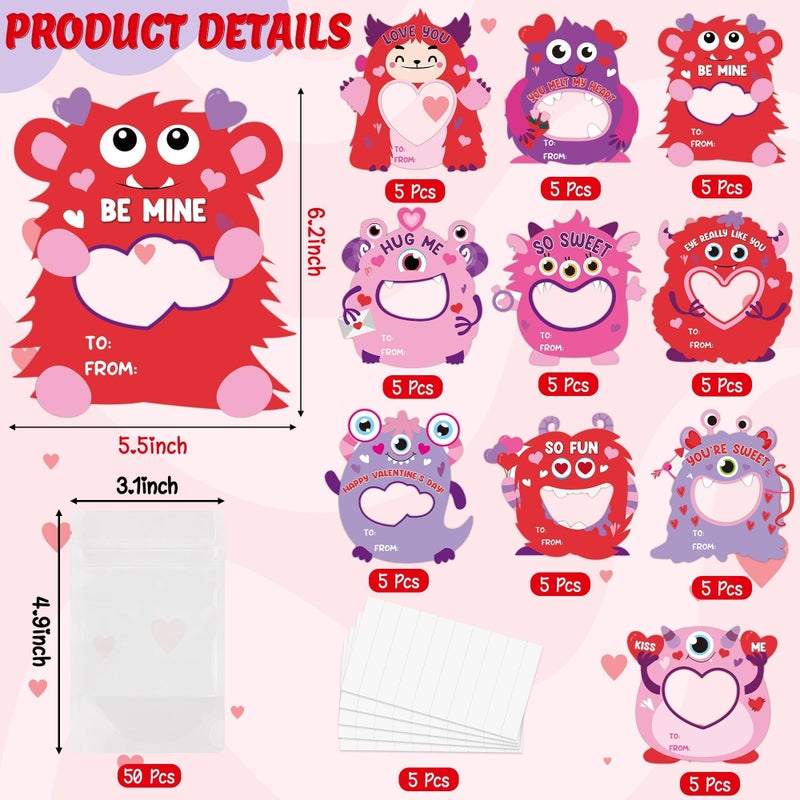 TICIAGA 50 Set Happy Valentines Day Monster Shape Candy Holder Greeting Cards, Funny Monster DIY Exchange Gifts for School Classroom Prize Goodies Bag Filler Home Project Party Supplies - Image 2