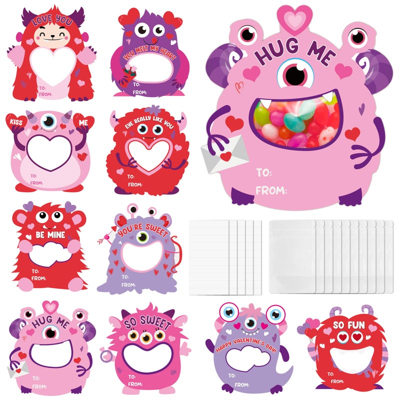 TICIAGA 50 Set Happy Valentines Day Monster Shape Candy Holder Greeting Cards, Funny Monster DIY Exchange Gifts for School Classroom Prize Goodies Bag Filler Home Project Party Supplies - Image 1