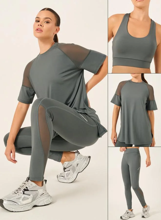 ستايلي اكتيف مجموعة ستايلي أكتيف المكونة من 3 قطع - بلوزة بكتف شبكي، حمالة صدر رياضية بفتحة مزدوجة خلفية، وسروال ضيق