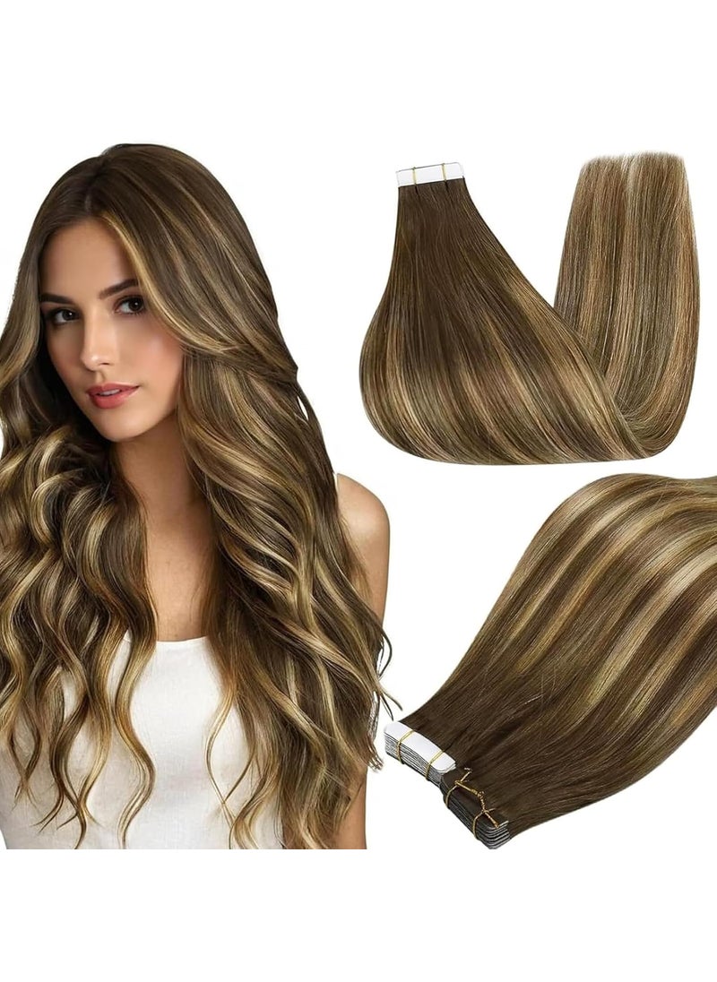 Full Shine Full Shine Hair Extensions Tape in 16 Inch Skin Weft Tape in Hair Extensions Balayage 4 Medium Brown Fading to 24 Honey Blonde And 4 Invisible Tape in Extensions Human Hair Straight Hair 50Gram 20Pcs 