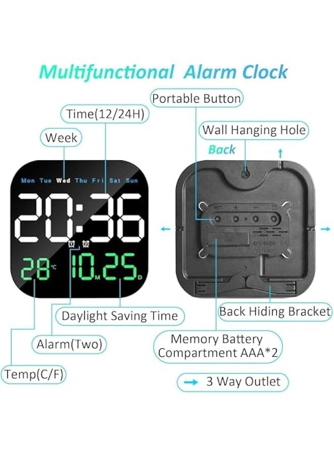 Digital Wall Clock Large Display, 9'' LED Digital Clock with Remote Control for Living Room Decoration, Week/Date/Temperature in 3 Colors, Auto Brightness, Standing & Hanging