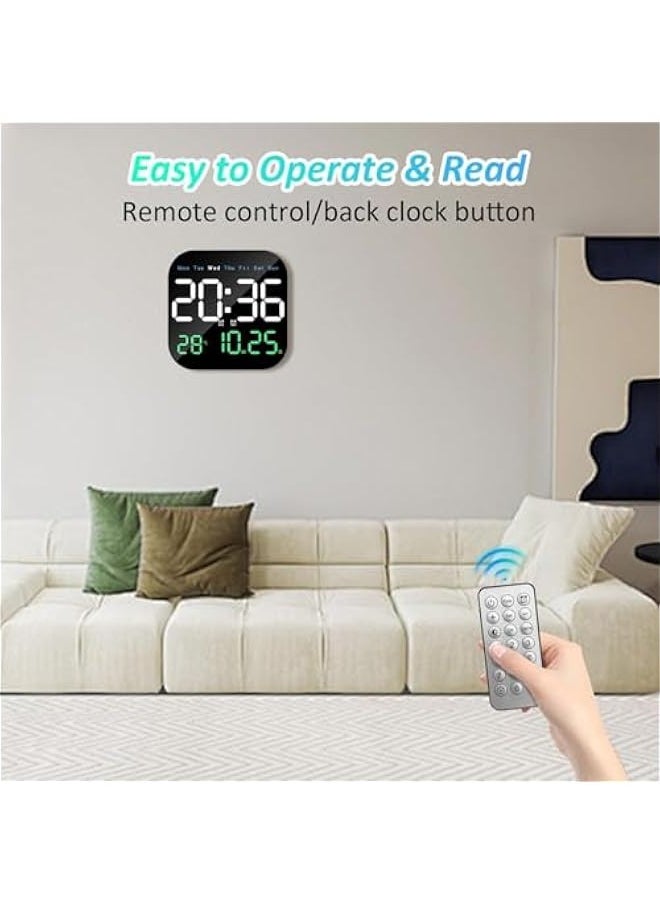 Digital Wall Clock Large Display, 9'' LED Digital Clock with Remote Control for Living Room Decoration, Week/Date/Temperature in 3 Colors, Auto Brightness, Standing & Hanging
