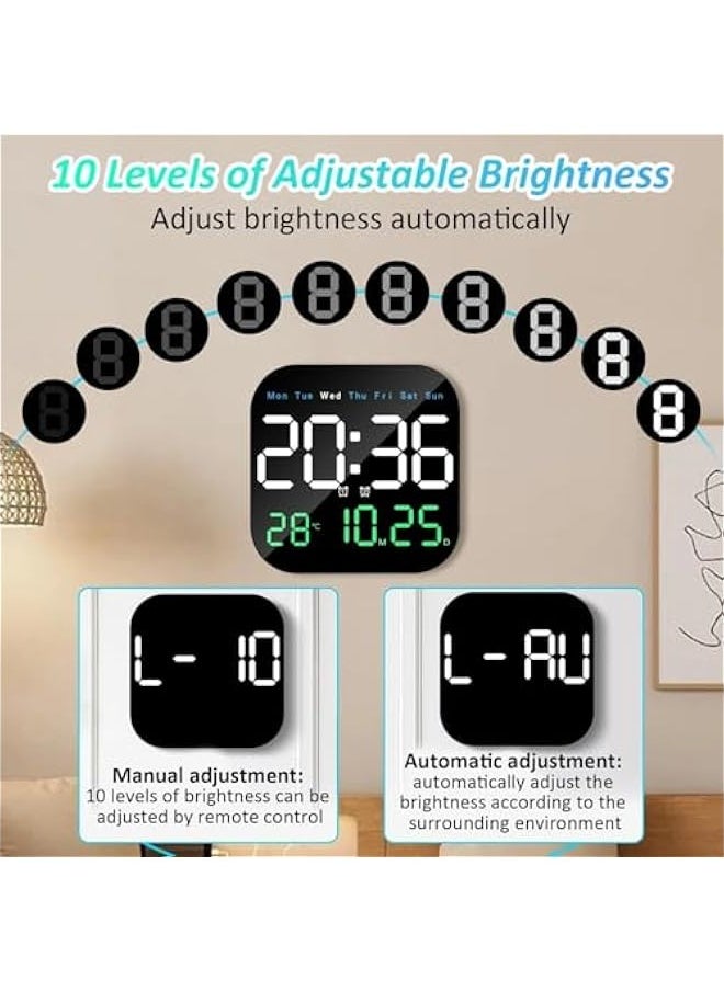 Digital Wall Clock Large Display, 9'' LED Digital Clock with Remote Control for Living Room Decoration, Week/Date/Temperature in 3 Colors, Auto Brightness, Standing & Hanging